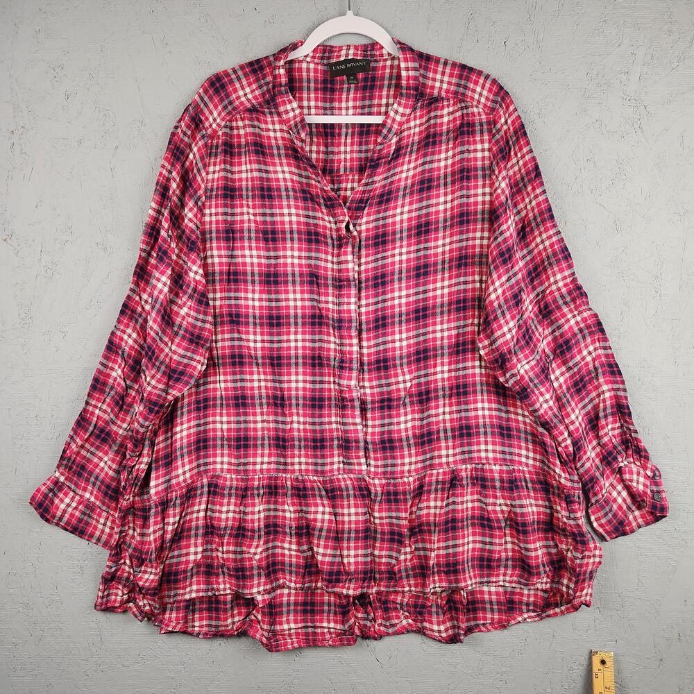 Lane Bryant Shirt Womens 26 Pink Red Plaid Ruffle Hem Button Rayon Tunic Preppy